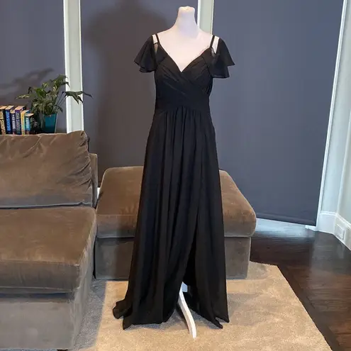 Women’s Black Full Length Cold Shoulder Chiffon Formal Dress Leg Slit Size 8