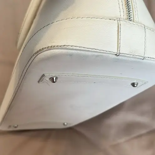 Pulcati white leather double zip double handle bowling bag style handbag GUC