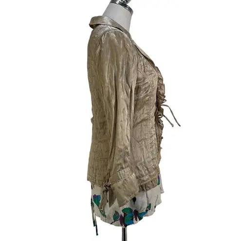 Javier Simorra Silk Jacket Tan Neutral Long Sleeves Ruffles Size M