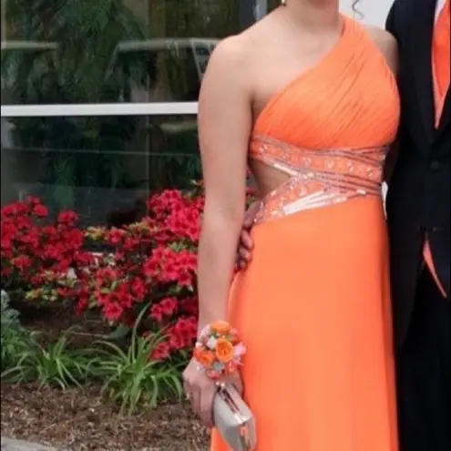 Cache  Orange and Silver One Shoulder Backless Prom Dress Size 4