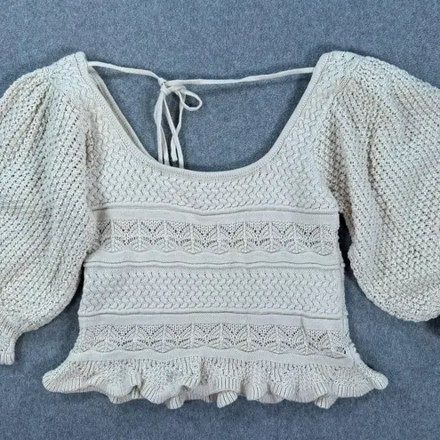 Lucy Paris Knit Puff Sleeve Blouse Women's XS Beige Ruffle Hem Tie Back Boho