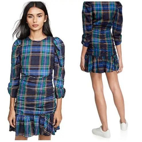 Tanya Taylor Raven Dress Size 18 Plaid Peplum Mini Dress Ruched Long Sleeve
