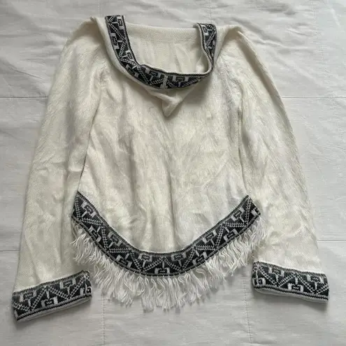 Vintage Cream black fuzzy knit pullover hooded sweater fringe black intarsia White