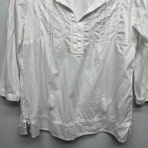 NYDJ Women's Embroidered Boho Peasant Cottagecore Gardencore Beach Tassel Top S