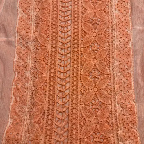 EN CREME Peach Crochet Lace Long Sleeve Sheer Gauze Blouse Top Women S Orange