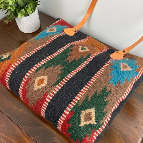 El Paso Saddle Blanket Co. Southwestern Maya Wool Leather Large Tote Bag Black