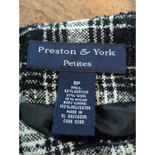 Preston & York Petites 8P Black White Plaid Tweed Collarless Blazer Wool Blend