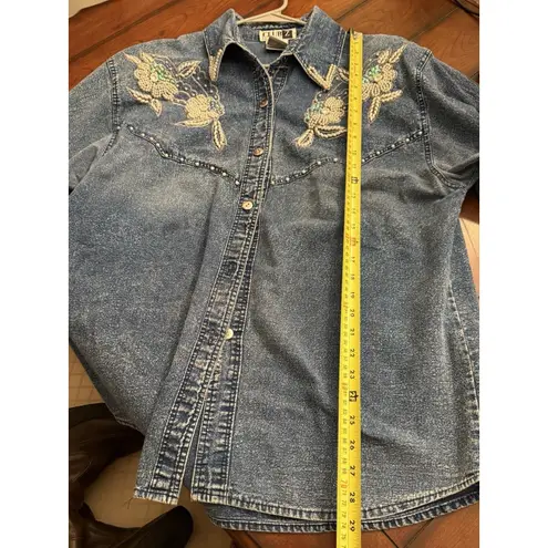 Vintage Club Z Acid Wash Denim Shirt 80s With Bedazzled Applique Detail Blue Size XL