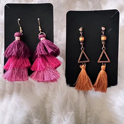 Tiered Tassel Drop Boho Earrings Ombre Pink Purple Brown Triangles Set 2 Pair