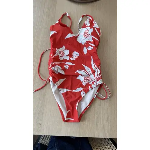 Kona Sol Red Side Cinch High Coverage One Piece Floral Swimsuit Small 1677