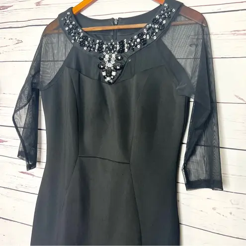 Sangria Black Sheer Sleeve Jeweled Neckline Midi Cocktail Dress Size 10 Large