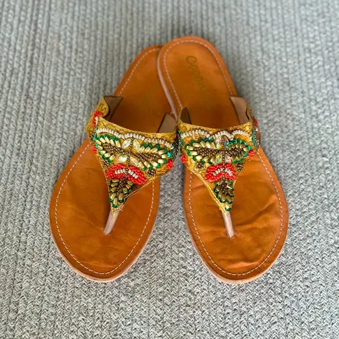 Vintage Coconuts Beaded Leather Flip Flops Sandals Size 9 Tan