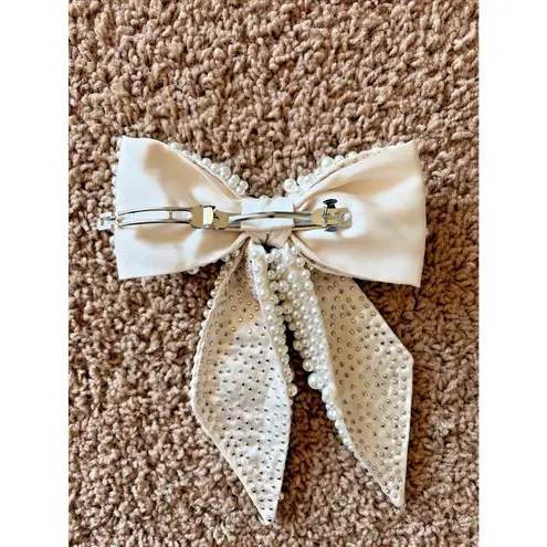 Ivory/Cream Allover Pearl Beaded Preppy Bridal Hair Bow Ribbon Clip Coquette