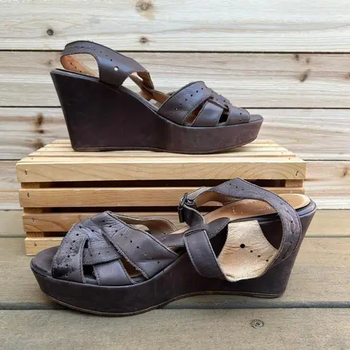 barney's new york Y2K Purple Barney's Leather Wedge Sandals w/ Buckle Closure