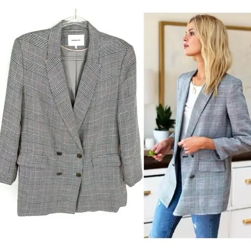 Emerson Fry Lee Blazer Jacket Houndstooth Plaid Linen Size 14 Black White