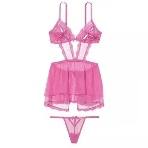 Victoria's Secret  lingerie bows Sexy Sheer Dotted Mesh Lace Babydoll coquette