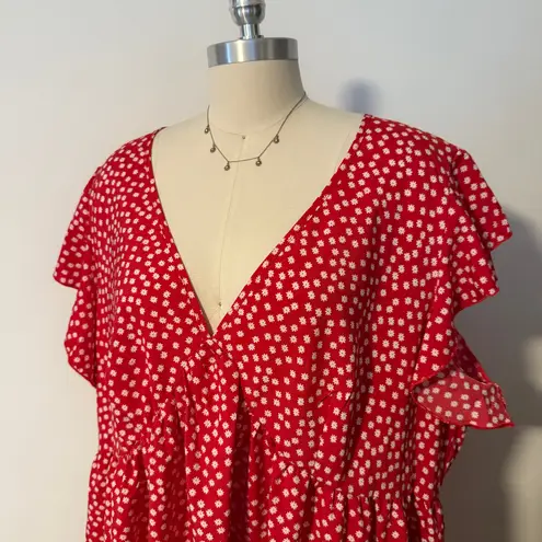 Red Ditsy Floral Vneck Ruffle Sleeve Mini Dress Size XXL