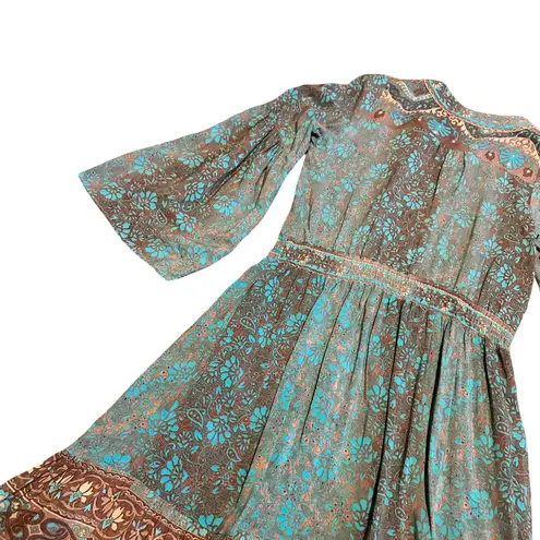 SweetSalt Long Length Bohemian Boho Maxi Dress Fall Colors Bell Sleeves Size 4 Blue