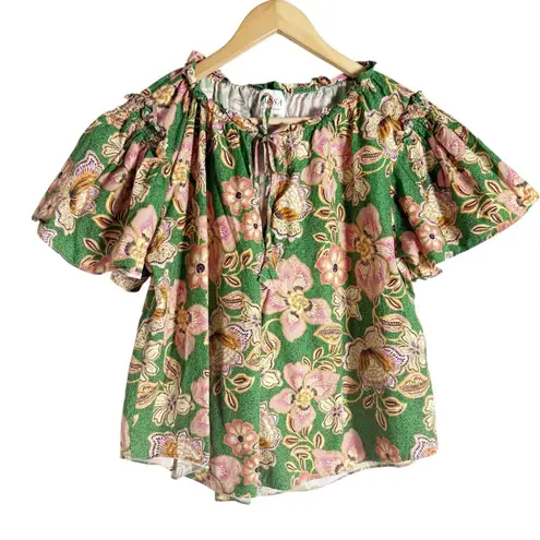 Misa Suparna Green Floral Print Cap Sleeve Tie Neck Peasant Blouse Size Large