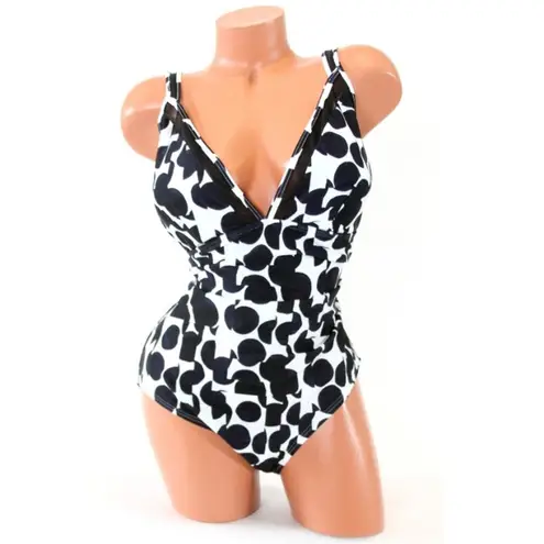 DKNY  Geo Mesh-Trim One-Piece Black White V-Neck Swimsuit NWT 16