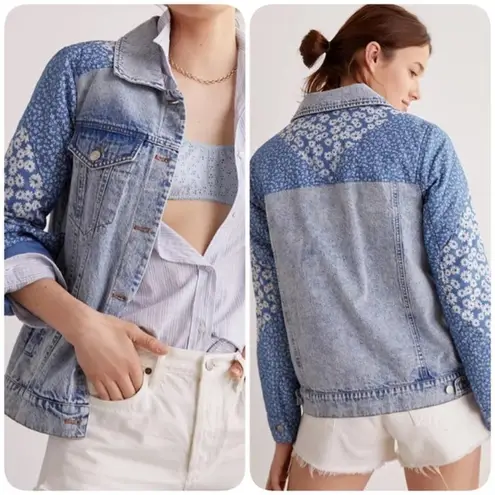 Avec Les Filles Anthropologie | Patchwork Light Wash Boho Denim Jacket Medium
