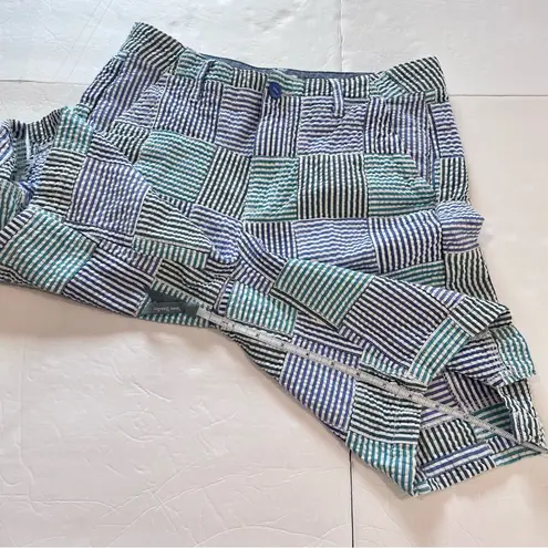 LL Bean Lakewashed Blue Green Seersucker Plaid Chino Bermuda Shorts Size 6