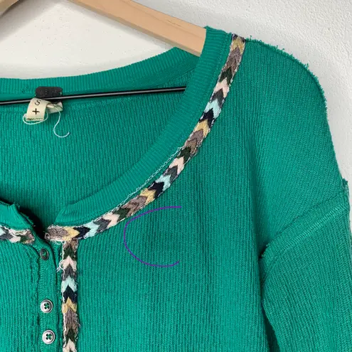 Free People Small Teal Green Thermal Knit Long Sleeve Button Up