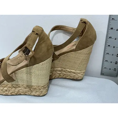 Womans Just Fab 9 Strappy Open Toe Tan Faux Suede Espadrille Wedge Sandals Brown