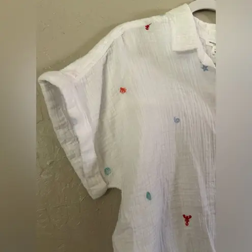 Beach Lunch Lounge Shirt Womens Large White Tie Front Embroidered Beach Nautical