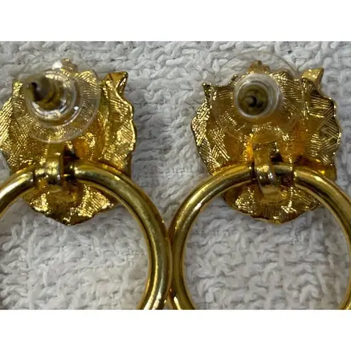 VTG Gold Tone Lion Door Knocker Earrings Post Pierced Statement