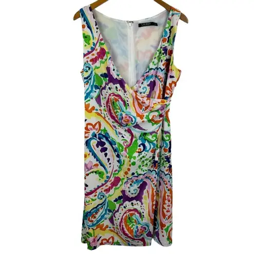 Lauren Ralph Lauren Purple Multi Paisley Faux Wrap Midi Crepe Dress Size 6 Job