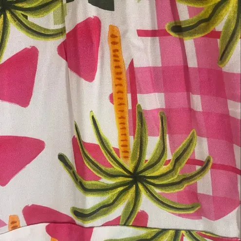 Celina Moon NWT Tiered Short Puff Sleeve Palm Print Maxi Dress size large Pink