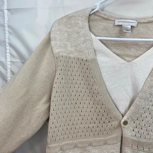 Christopher & Banks women's beige crocheted built-in tank button cotton sweater