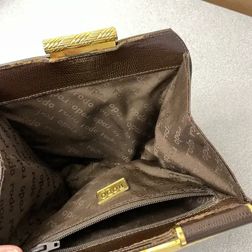 Vtg RODO Italy Leather Frame Handbag Clutch Brown Goldtone Embossed Lined