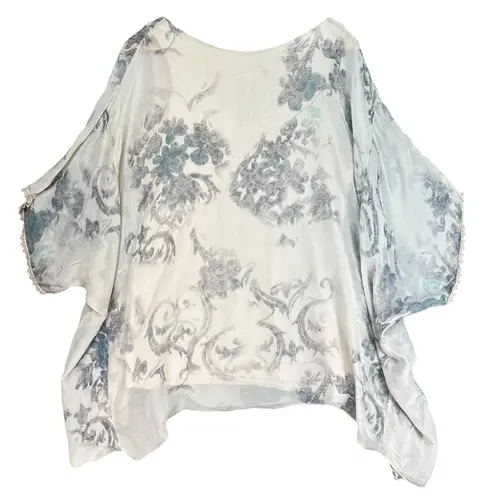 Ambra Italy Floral Print Silk Blend Top Oversized Kaftan Blouse Size L White Size L