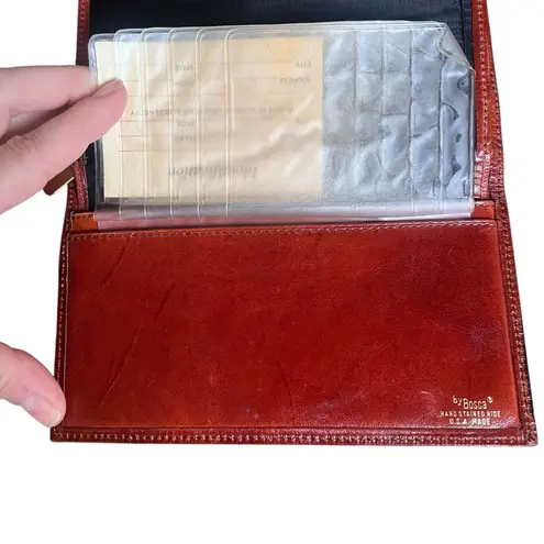 VTG Bosca Leather Hand Stained Italy Frame Wallet Clutch Checkbook Cognac NEW Brown