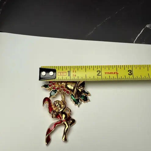Smithsonian Avon Christmas Bells Cherub Angel Rhinestone Enamel Brooch Pin Gold