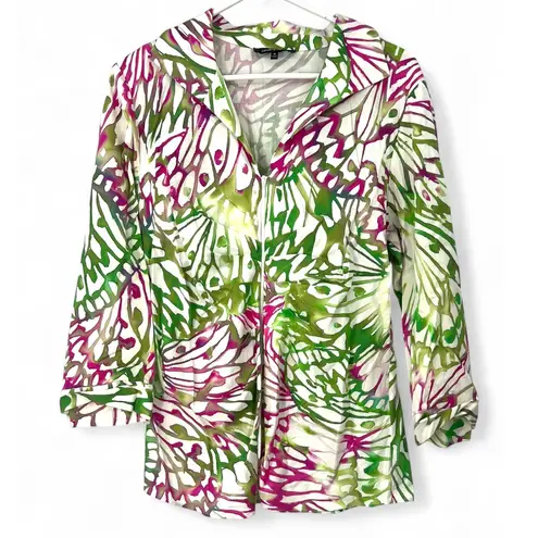 Lafayette 148 -16 Art Watercolor Full Zip 3/4 Sleeve Stretch Top Jacket Blouse