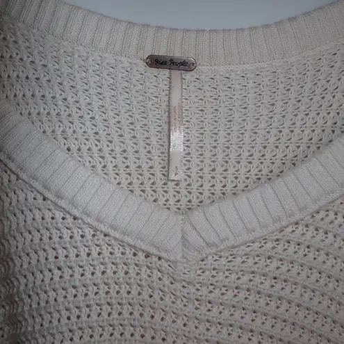 Free People Womens Pullover Sweater Ivory Cold Shoulder V Neck Ribbed Fringe S