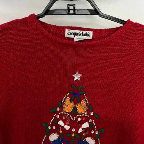 Ugly Christmas Sweater Sz 14/16 Jacque Koko Y2K 12 Days Tree Beading Embroidery Red