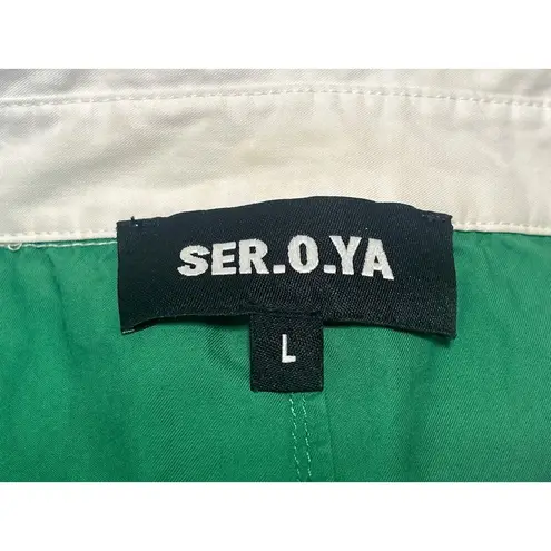 Ser.O.Ya Lexi Green Button Up Long sleeve Smocked Mini Blouson Shirt Dress Sz L Size L