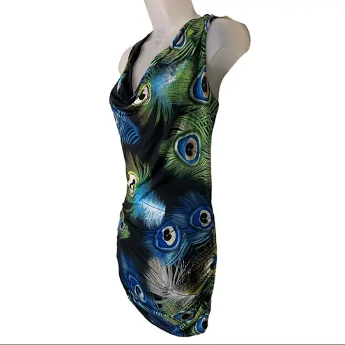 True Light Vintage 1990s Racerback Tie Tank Top Ruched Back Peacock Feathers M Size M