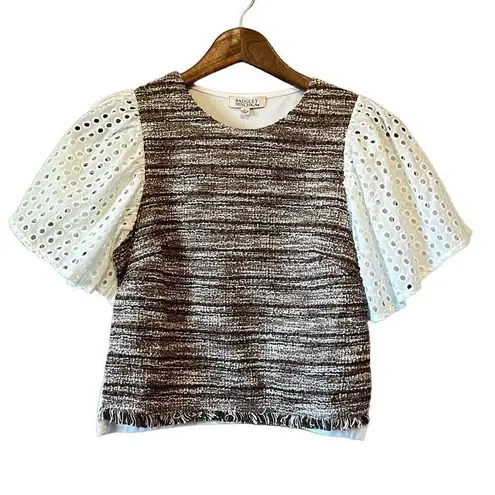 Badgley Mischka Sleeveless Tweed Dress with Eyelet Flutter Sleeves