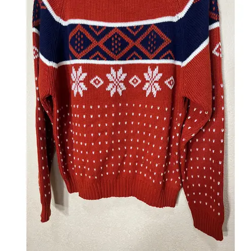 JCPenney Red/Orange Navy White Snowflake Fair Isle Mock Neck Sweater Size M Red Size M