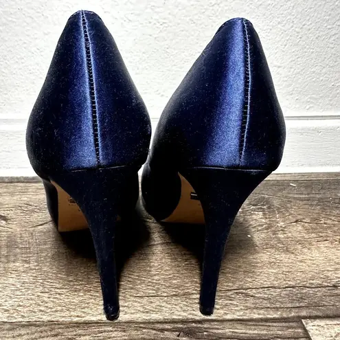 Badgley Mischka Goodie Peep-Toe Pump Satin Stiletto Heel Crystal Royal Blue 6.5