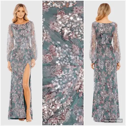 Mac Duggal 93750 Embellished Illusion Long Sleeve Faux Wrap Gown Gray-Green 10