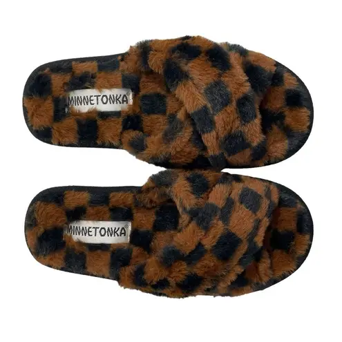 Minnetonka NEW  Esme Slippers Checkerboard Faux‎ Fur Open Toe Size 6
