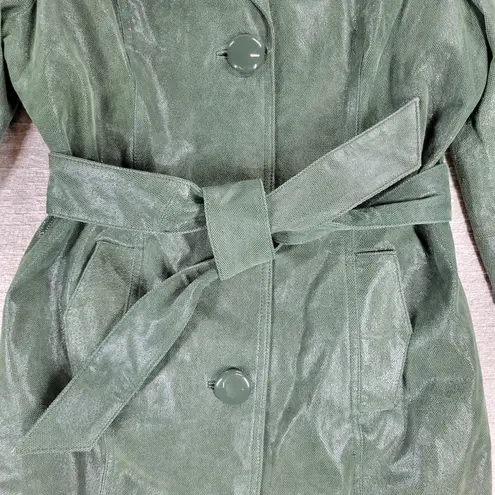 Kenar Green Leather Belted Trench Coat Womens 8 Jacket Liquid Embossed