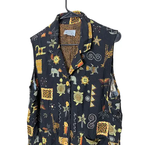 Vintage Stonebridge Safari Print Button Down Vest Sleeveless Top Animal Print XL Black