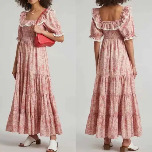 RIXO Joanie Pink Paisley Midi Light Floral Ruffle Dress Size Medium US 8 UK 12